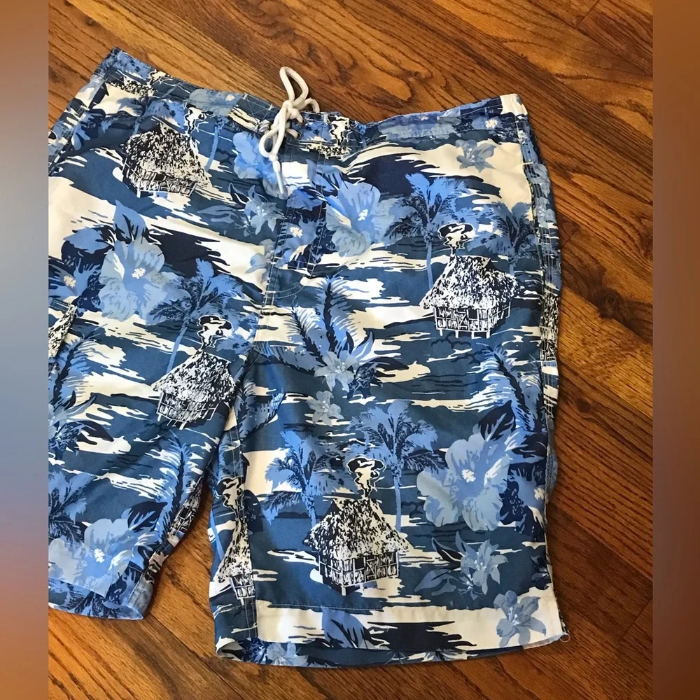 Chaps Swim Trunks Swimming Shorts Flower Floral Beach Large Velcro Tie Pockets